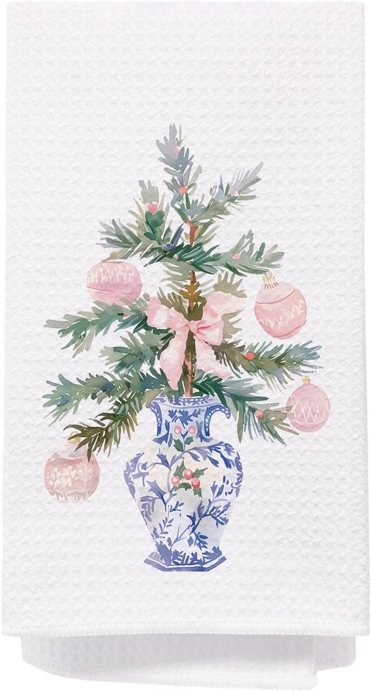 SPBL&L Chinoiserie Christmas Kitchen & Bath Towels, Pink Bow & Blue/White Dish Towels, 16x24 Inch - Image 1